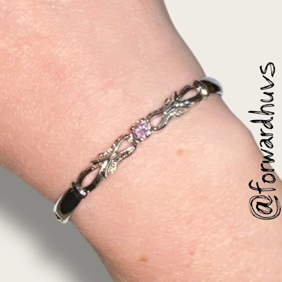 Silver-Plated Hinged Bracelet – Pink Cubic Zirconia - Ornate Center Pattern - Picture 5 of 12